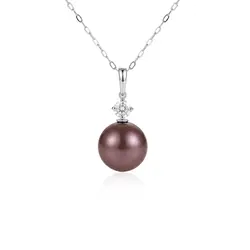 Pingente e Corrente de Ouro Branco com Diamante de Laboratório e Pérola Marrom 