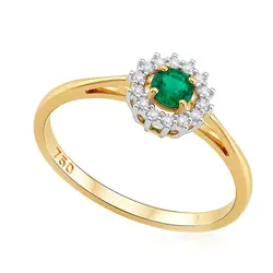 Anel de Ouro Amarelo com Diamantes e Esmeralda de 15 pts.
