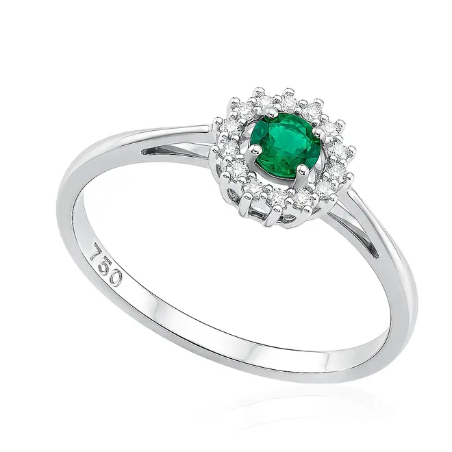 Anel de Ouro Branco com Diamantes e Esmeralda de 15 pts. 125485