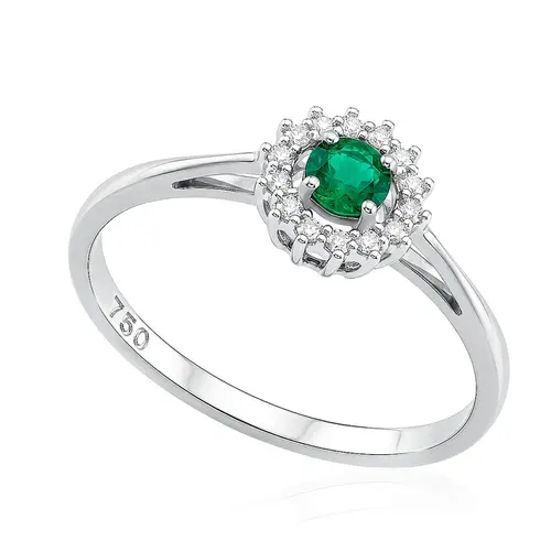 Anel de Ouro Branco com Diamantes e Esmeralda de 15 pts. 125485