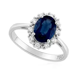 Anel de Ouro Branco com Diamantes e Safira de 79 pts.