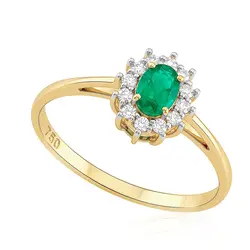 Anel de Ouro Amarelo com Diamantes e Esmeralda de 23 pts.