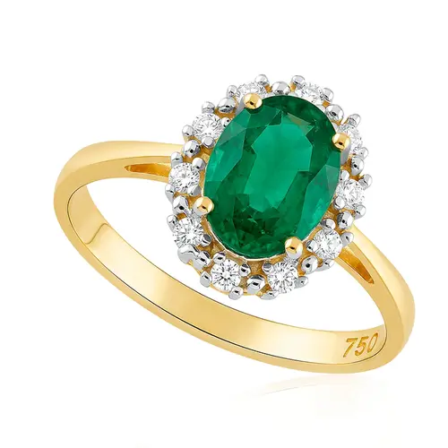 Anel de Ouro Amarelo com Diamantes e Esmeralda de 73 pts.
