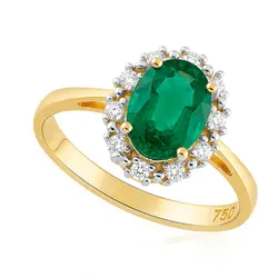 Anel de Ouro Amarelo com Diamantes e Esmeralda de 73 pts.