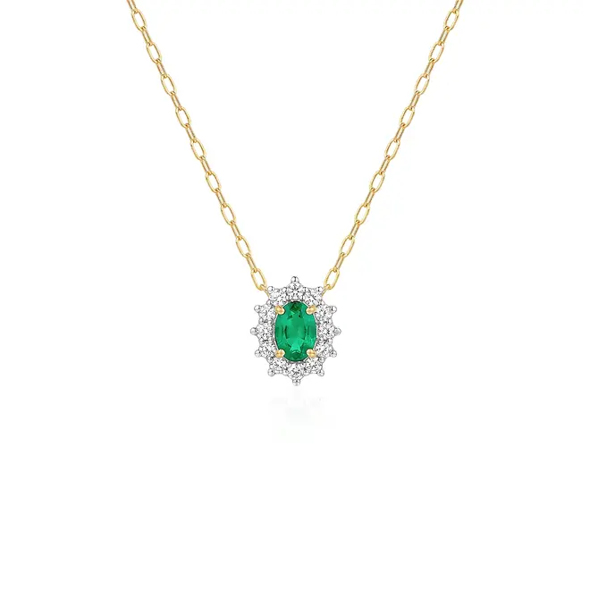 Pingente de Ouro Amarelo com Corrente, Diamantes e Esmeralda de 23 Pts