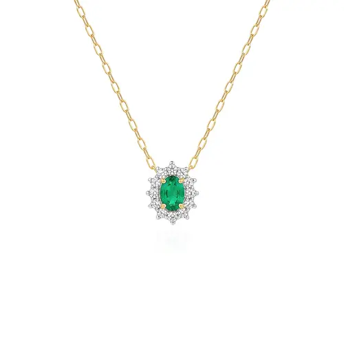 Pingente de Ouro Amarelo com Corrente, Diamantes e Esmeralda de 23 Pts