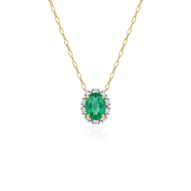 Pingente de Ouro Amarelo com Corrente, Diamantes e Esmeralda de 73 Pts