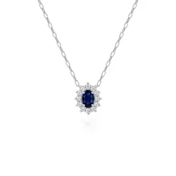 Pingente de Ouro Branco com Corrente, Diamantes e Safira de 25 Pts