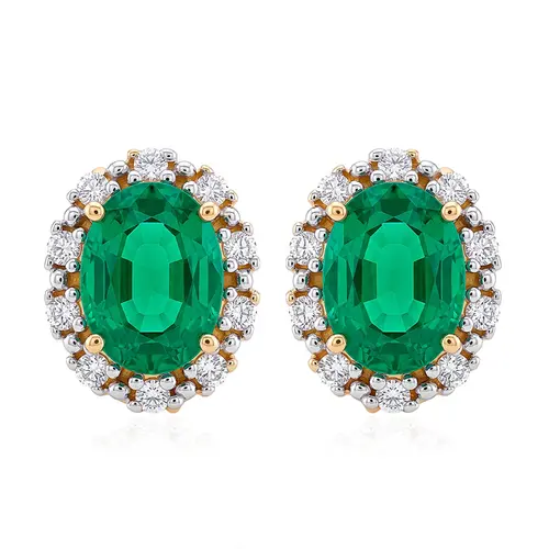 Par de Brincos de Ouro Amarelo com Diamantes e Esmeraldas totalizando 1,46 Cts.