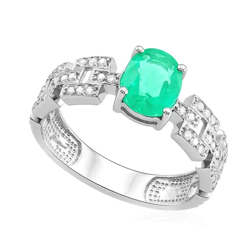 Anel de Ouro Branco com Diamantes e Esmeralda de 1,26 Cts.