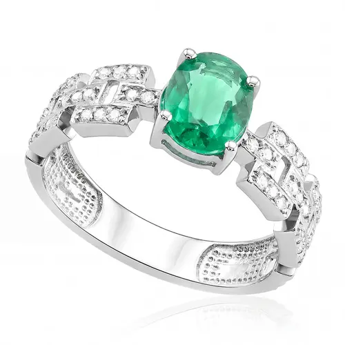 Anel de Ouro Branco com Diamantes e Esmeralda de 1,26 Cts.