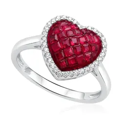 Anel Coração de Prata com Diamantes e Rubis