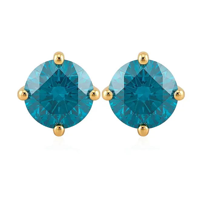 PAR DE BRINCOS SOLITÁRIOS DE OURO AMARELO COM DIAMANTES AZUIS TOTALIZANDO 1,0 CTS.