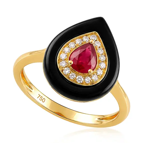 Anel Trabalhado de Ouro Amarelo com Diamantes, Ágata e Rubi.