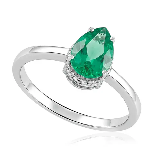 Anel de Ouro Branco com 12 Diamantes e Esmeralda Colombiana Totalizando 1,2 Cts.