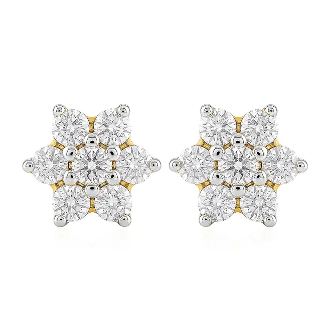 Par de Brincos Flor de Ouro Amarelo com 14 Diamantes. 125574