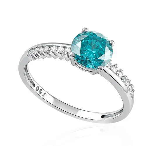 Anel Solitário de Ouro Branco com Diamantes Laterais e Diamante Azul Central 125572