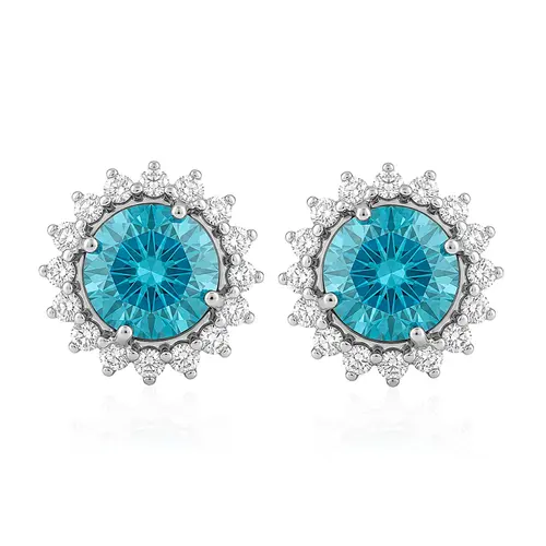 Par de Brincos de Ouro Branco com Diamantes Brancos e Diamantes Azuis Totalizando 1,1 Cts.