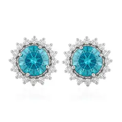 Par de Brincos de Ouro Branco com Diamantes Brancos e Diamantes Azuis Totalizando 1,1 Cts.