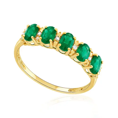 Meia Aliança de Ouro Amarelo com Diamantes e Esmeraldas totalizando 1,15 Cts.