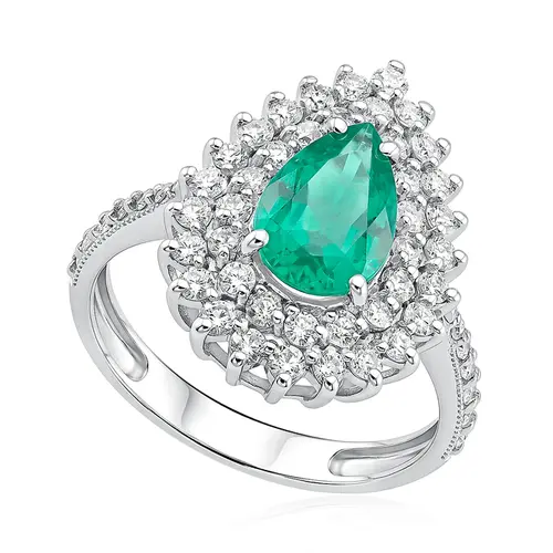 Anel de Ouro Branco com 56 Diamantes e Esmeralda Colombiana Totalizando 1,20 Cts.