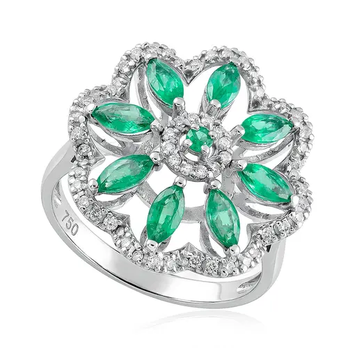 Anel Flor de Ouro Branco com 60 Diamantes e Esmeraldas.