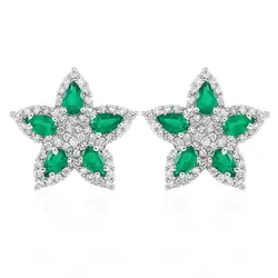 Par de Brincos Flor de Ouro Branco com 110 Diamantes e 10 Esmeraldas Gotas