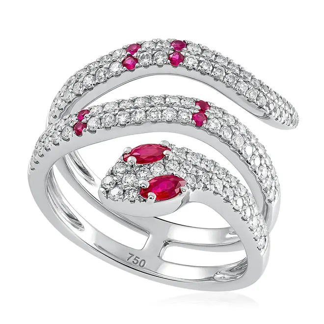 Anel Serpente de Ouro Branco com Diamantes e Rubis.
