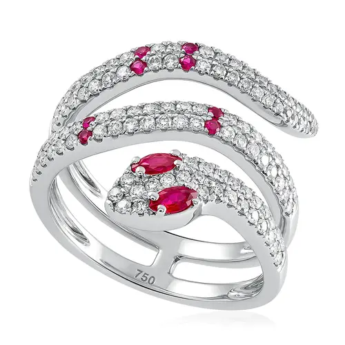 Anel Serpente de Ouro Branco com Diamantes e Rubis.