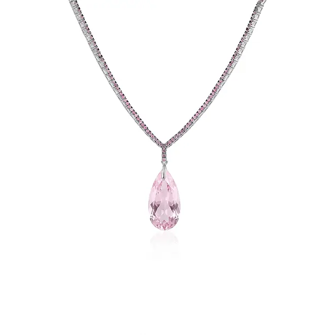 Colar Riviera de Prata com Turmalinas Rosas e Quartzo Rose Gold Gota.