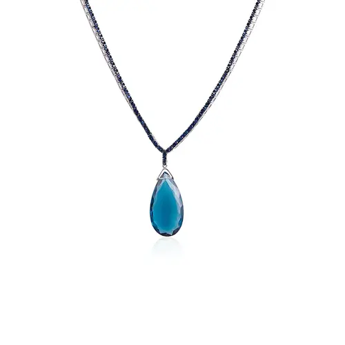 Colar Riviera de Prata com Safiras e Quartzo Topázio Azul Gota.