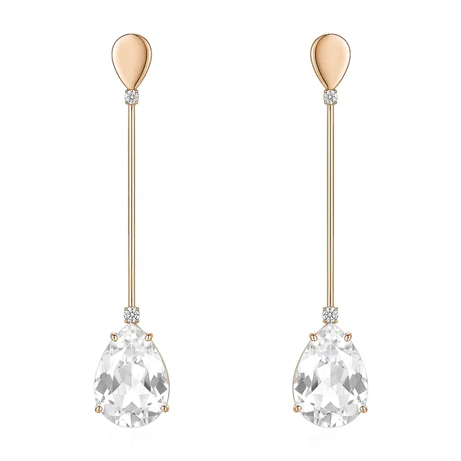 Par de Brincos Trabalhado em Ouro Amarelo com Cristal de Rocha e Diamantes.