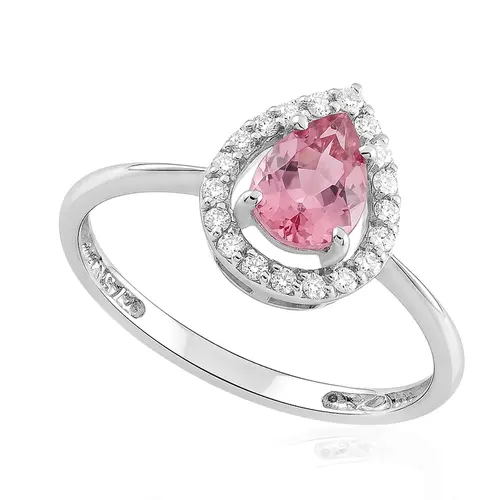 Anel de Ouro Branco com 19 Diamantes e Turmalina Rosa Totalizando 72 Pts.