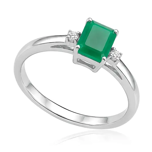 Anel de Ouro Branco com 2 Diamantes e Esmeralda de 60 pts