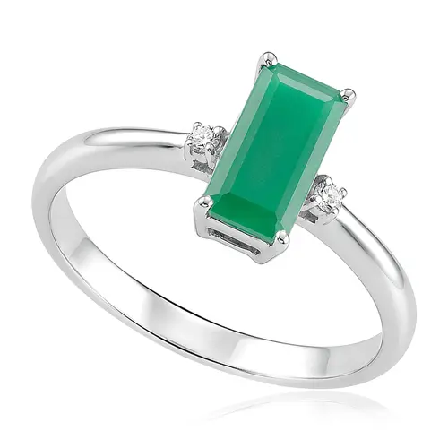 Anel de Ouro Branco com Diamantes e Esmeralda de 80 Pts