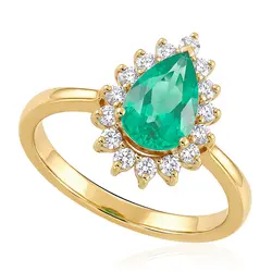 Anel Gota de Ouro Amarelo com Diamantes e Esmeralda de 1,4 Cts.