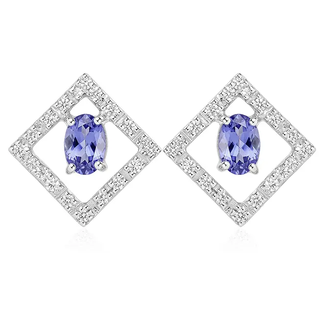 Par de Brincos Quadrado de Ouro Branco com Diamantes e Tanzanitas