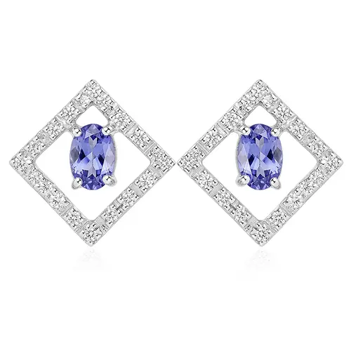 Par de Brincos Quadrado de Ouro Branco com Diamantes e Tanzanitas
