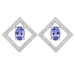Par de Brincos Quadrado de Ouro Branco com Diamantes e Tanzanitas