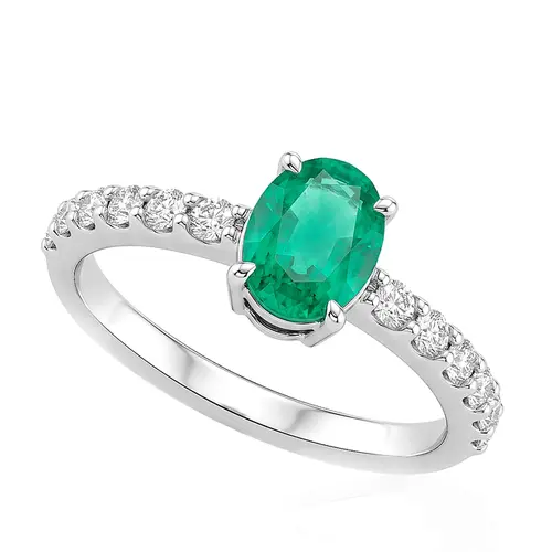 Anel de Ouro Branco com Diamantes e Esmeralda de 75 pts. 120634