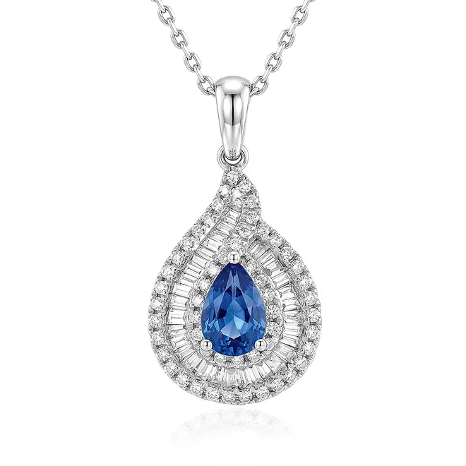 Pingente Gota de Ouro Braco com Corrente, Diamantes e Safira Gota