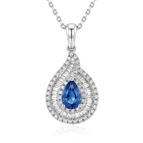 Pingente Gota de Ouro Braco com Corrente, Diamantes e Safira Gota