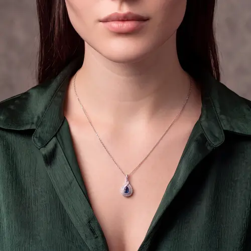Pingente Gota de Ouro Braco com Corrente, Diamantes e Safira Gota