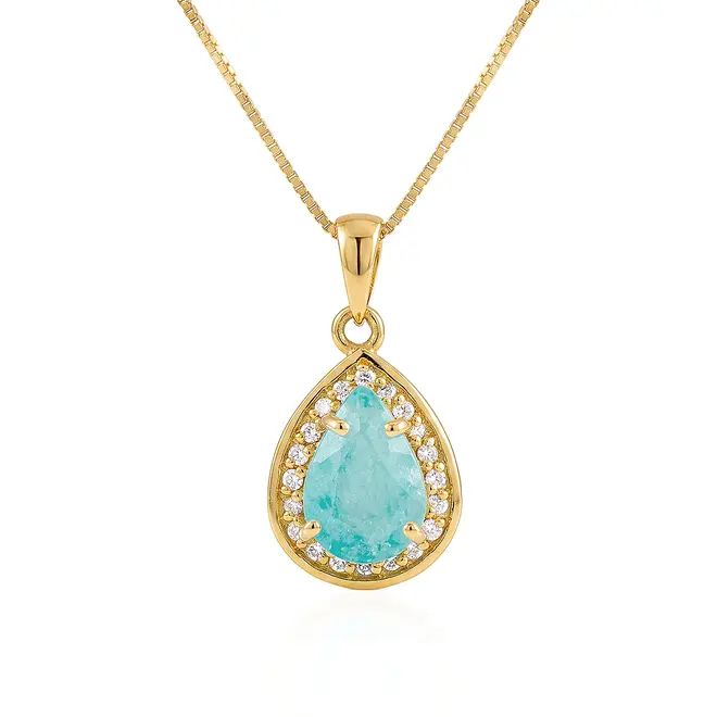 Pingente de Ouro amarelo com Corrente Veneziana, Diamantes e Turmalina Paraíba de 2,02 Cts.
