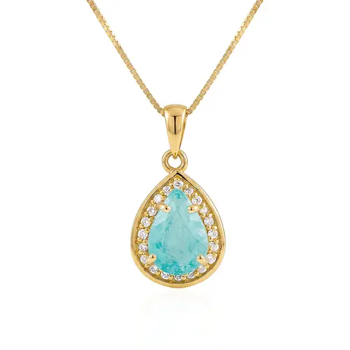 Pingente de Ouro amarelo com Corrente Veneziana, Diamantes e Turmalina Paraíba de 2,02 Cts.