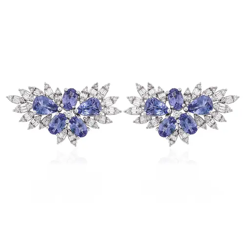 Par de Brincos de Ouro Branco com Diamantes e Tanzanitas Totalizando 5,37 Cts.