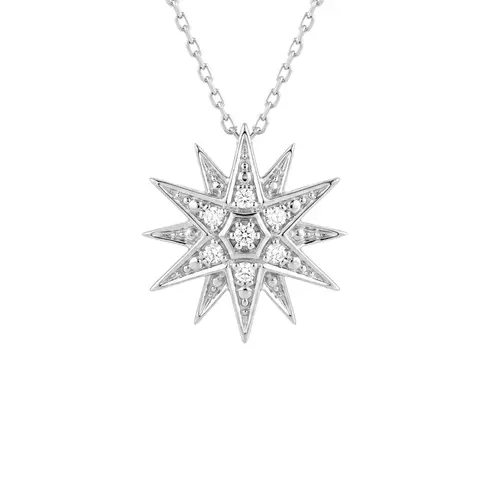 Pingente Estrela com Corrente de Ouro Branco com 7 Diamantes.