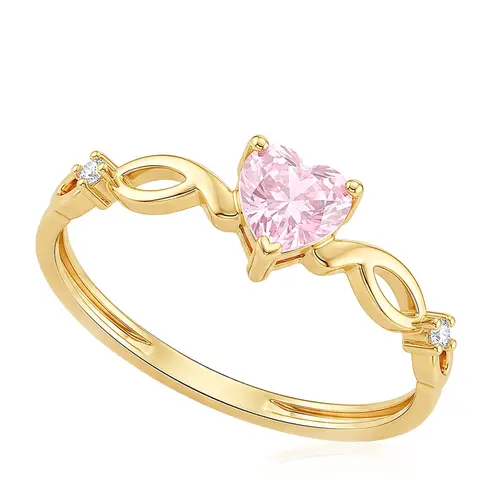 Anel de Ouro Amarelo com 2 Diamante e Cristal Rosa.