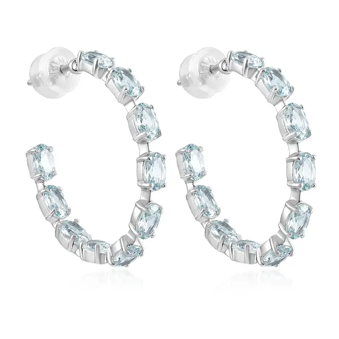 Par de Brincos Meia Argola de Ouro Branco com Água Marinha totalizando 4,0 Cts.