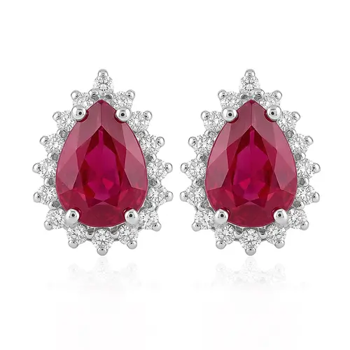Par de Brincos de Ouro Branco com 32 Diamantes e Rubis totalizando 1,98 Cts.